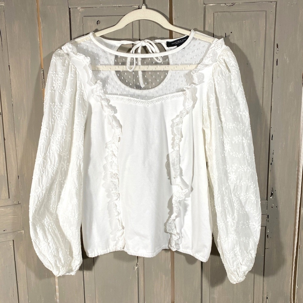 Marc New York Andrew Marc White Eyelet Puff Sleeve Ruffle Mesh Top Small Cottage